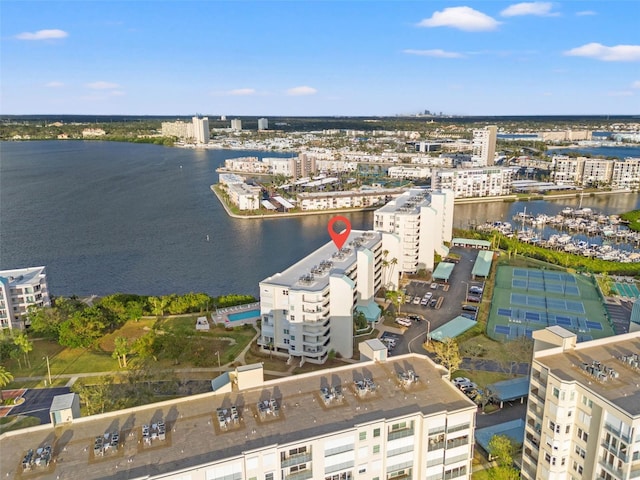 bird's eye view with a water view