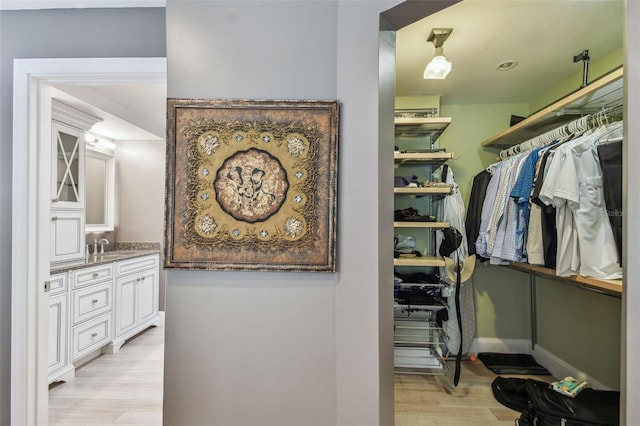 spacious closet featuring sink and light hardwood / wood-style flooring