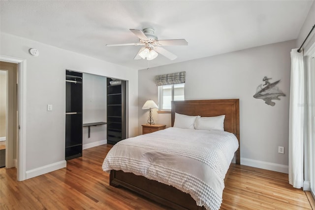 bedroom with hardwood / wood-style floors, ceiling fan, and a closet