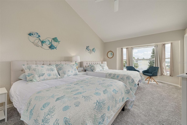 bedroom featuring carpet, high vaulted ceiling, and ceiling fan