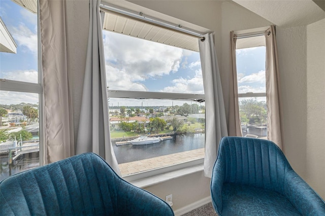 sitting room featuring a water view and a healthy amount of sunlight