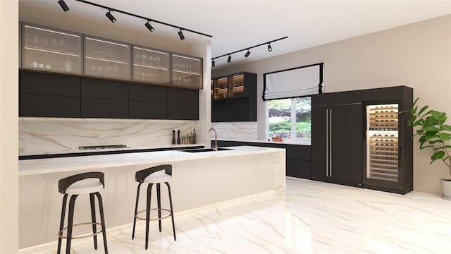 kitchen featuring backsplash, a breakfast bar, sink, and track lighting