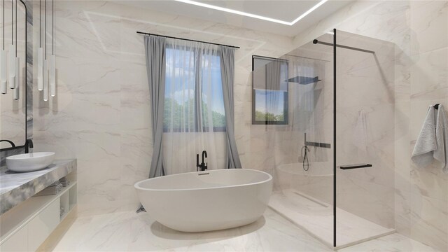 bathroom with vanity, plus walk in shower, and tile walls