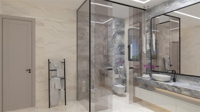 bathroom with vanity, toilet, an enclosed shower, and tile walls