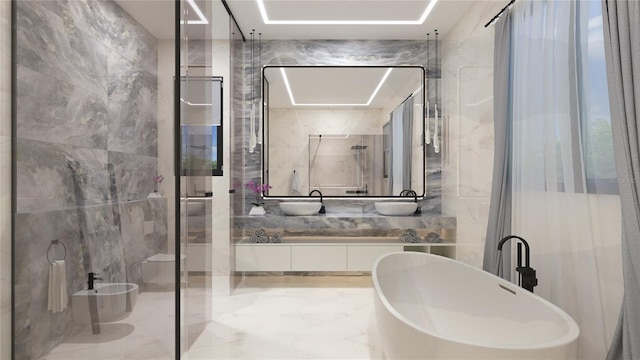 bathroom featuring vanity, an enclosed shower, tile walls, and a bidet