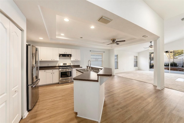 kitchen featuring white cabinets, appliances with stainless steel finishes, light hardwood / wood-style flooring, and a wealth of natural light