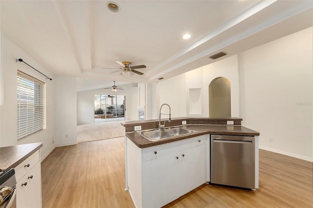 kitchen featuring white cabinets, sink, stainless steel dishwasher, ceiling fan, and light hardwood / wood-style floors