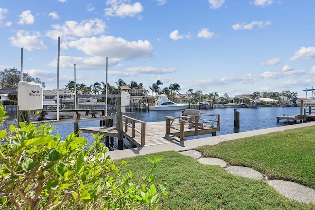 dock area with a yard and a water view