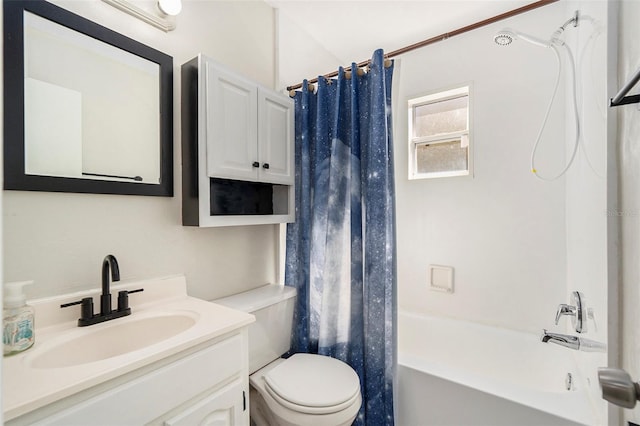 full bathroom with vanity, shower / bath combination with curtain, and toilet