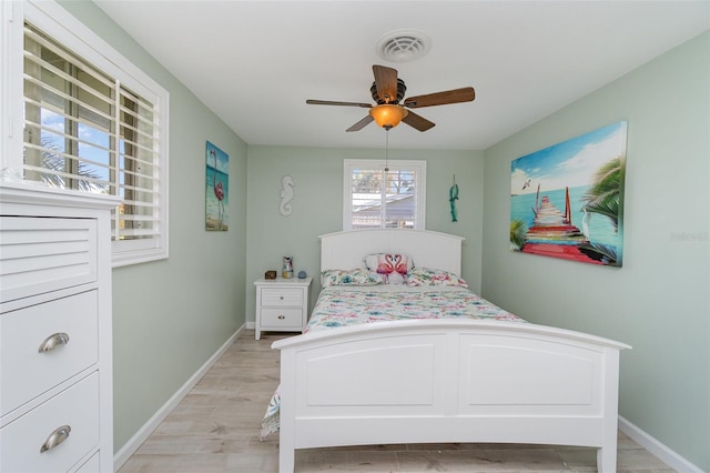 bedroom with light hardwood / wood-style flooring and ceiling fan