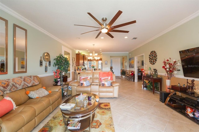 tiled living room featuring crown molding and ceiling fan with notable chandelier