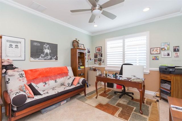 tiled home office featuring ornamental molding and ceiling fan