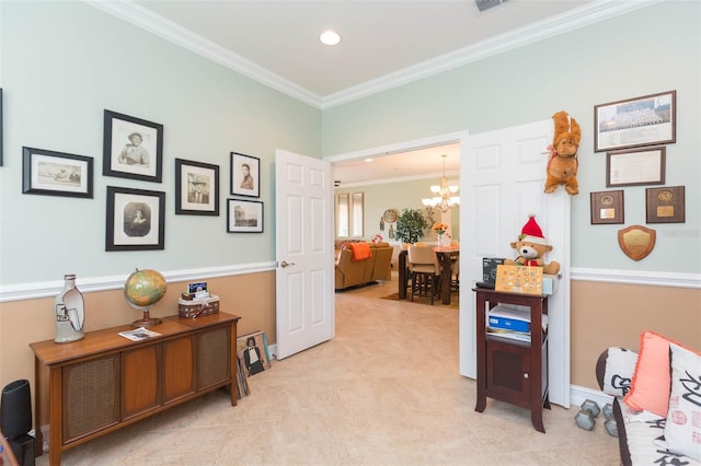 interior space featuring an inviting chandelier and ornamental molding