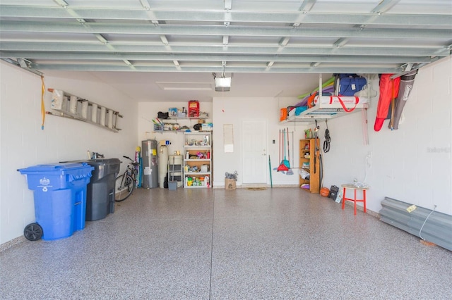 garage featuring a garage door opener and electric water heater