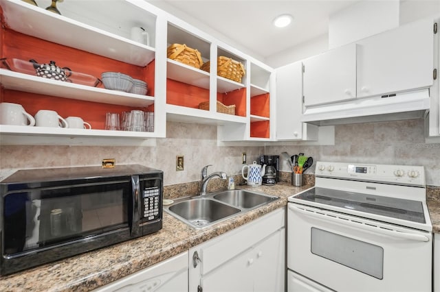 kitchen with electric stove, sink, backsplash, and white cabinets