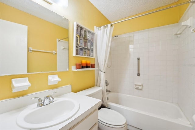 full bathroom with vanity, a textured ceiling, toilet, and shower / bath combination with curtain