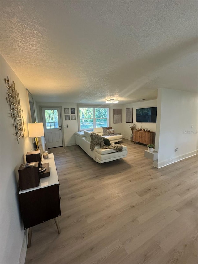 living room with a textured ceiling and hardwood / wood-style flooring