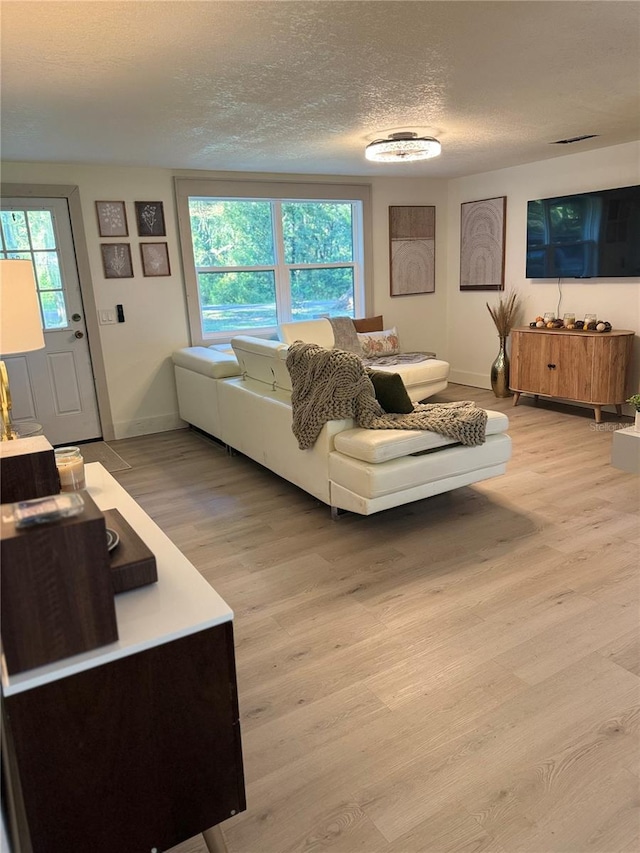 living room with light hardwood / wood-style flooring, a textured ceiling, and plenty of natural light