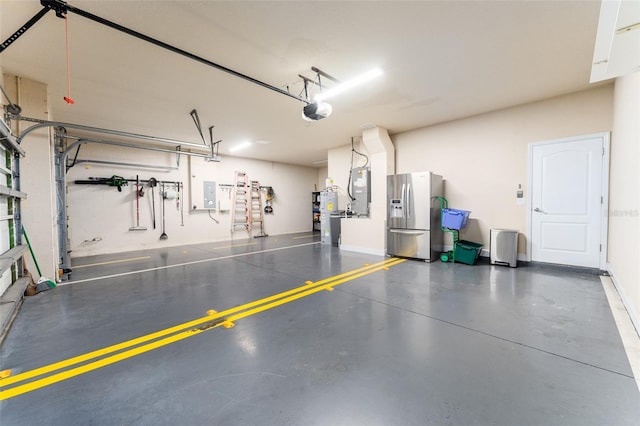 garage with electric panel, water heater, stainless steel fridge with ice dispenser, and a garage door opener