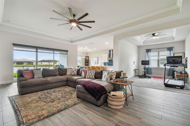 living room featuring a tray ceiling, light hardwood / wood-style flooring, plenty of natural light, and ceiling fan