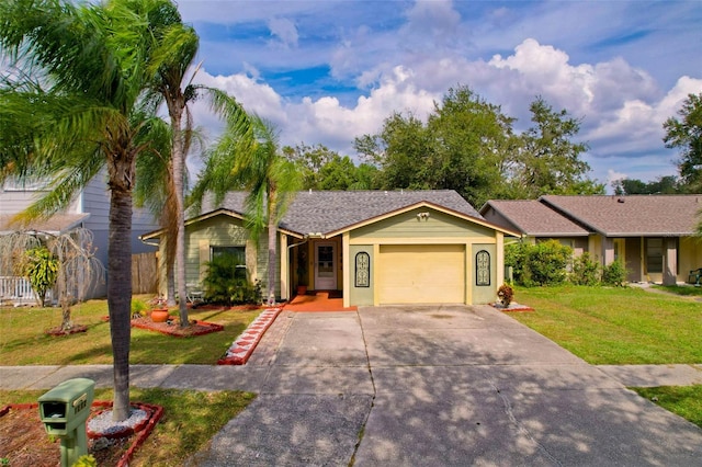 ranch-style house featuring a front yard and a garage