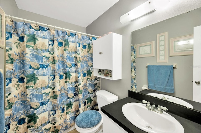 bathroom featuring vanity, curtained shower, and toilet