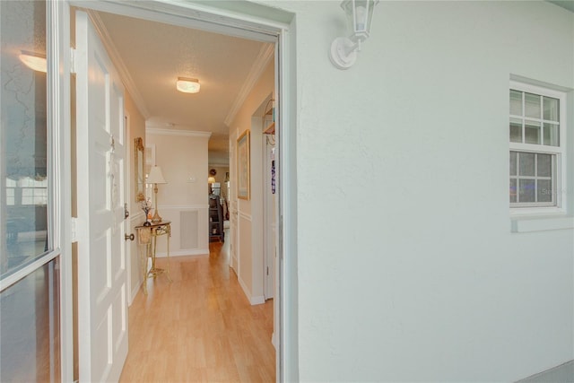 corridor with light hardwood / wood-style floors, ornamental molding, and a textured ceiling