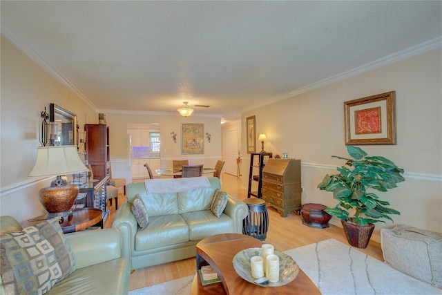 living room featuring a textured ceiling, ornamental molding, and light hardwood / wood-style flooring