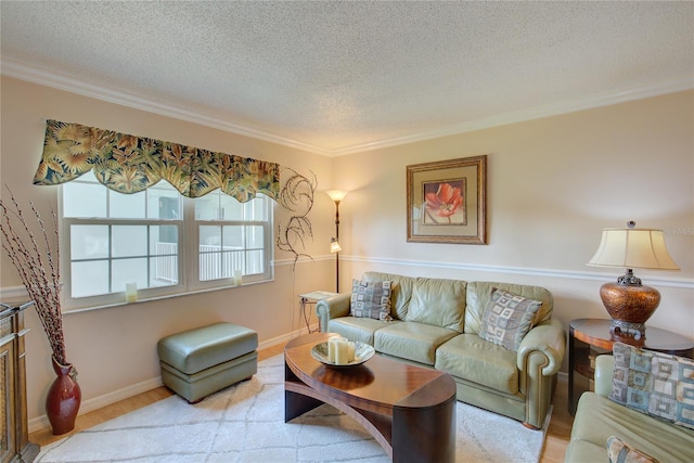 living room with crown molding and a textured ceiling