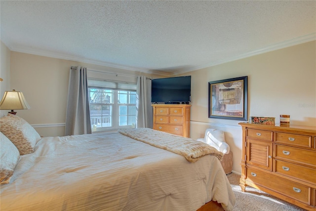 bedroom with light carpet, a textured ceiling, and ornamental molding