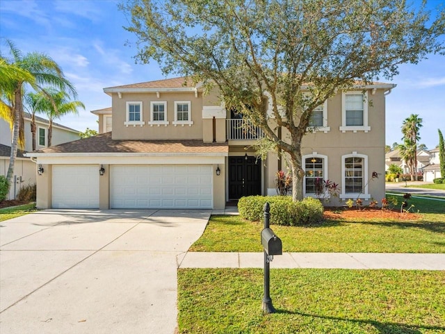 view of front of property featuring a front lawn and a garage