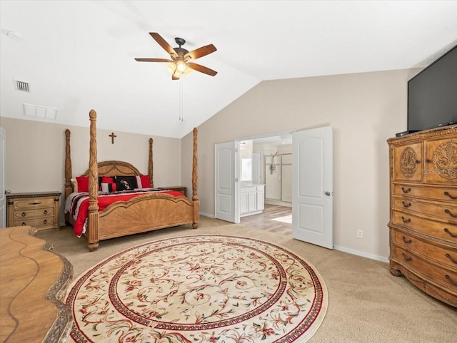 bedroom with light carpet, lofted ceiling, and ceiling fan