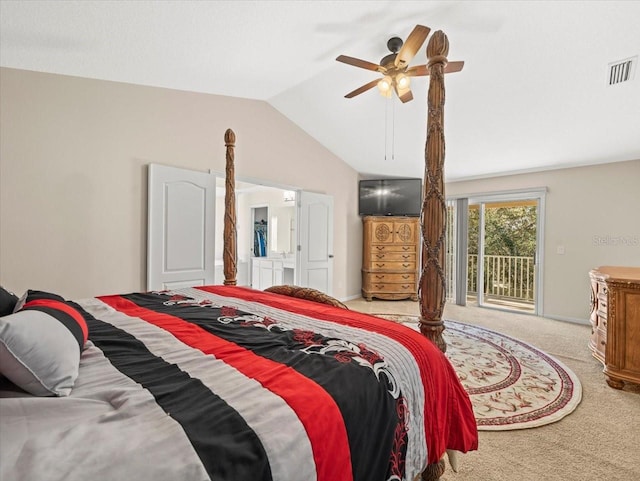 bedroom featuring access to outside, light colored carpet, lofted ceiling, and ceiling fan