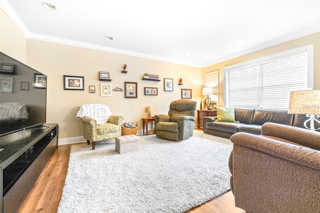 living room featuring ornamental molding and hardwood / wood-style floors