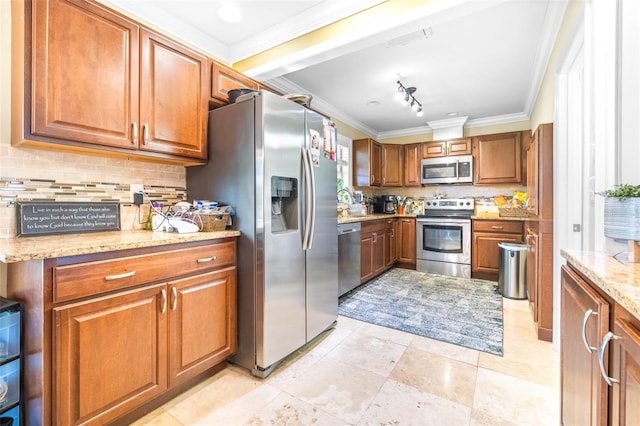 kitchen featuring ornamental molding, stainless steel appliances, light stone countertops, and decorative backsplash