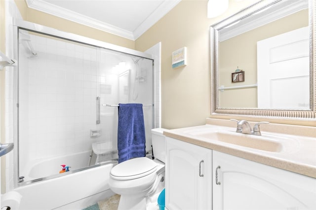 full bathroom featuring vanity, bath / shower combo with glass door, ornamental molding, and toilet