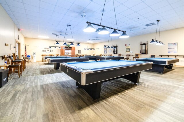 recreation room with billiards and carpet floors