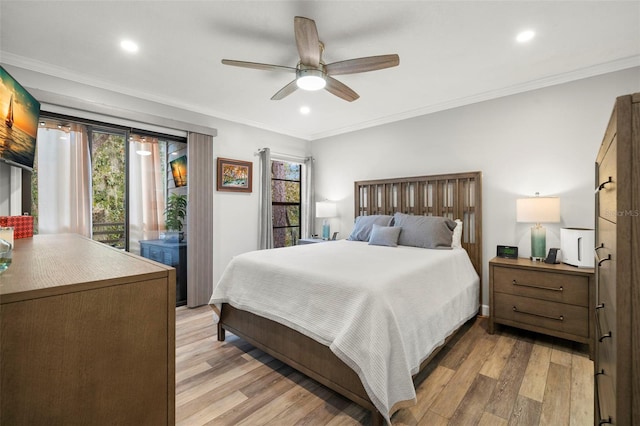 bedroom featuring access to outside, ceiling fan, crown molding, and light wood-type flooring