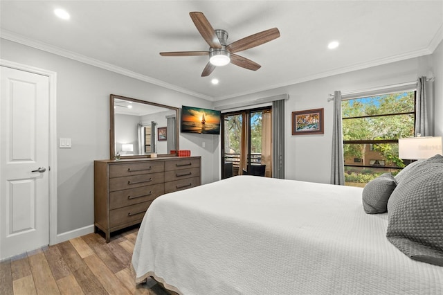 bedroom featuring ceiling fan, light hardwood / wood-style floors, ornamental molding, and access to outside