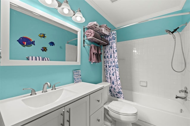 full bathroom featuring shower / bath combination with curtain, toilet, crown molding, and vanity