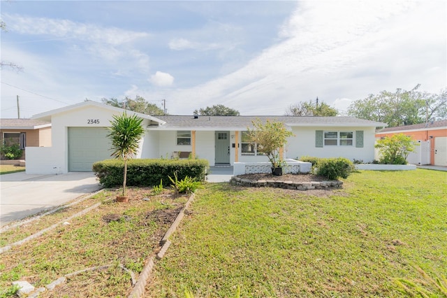 single story home featuring a front yard, a garage, and covered porch