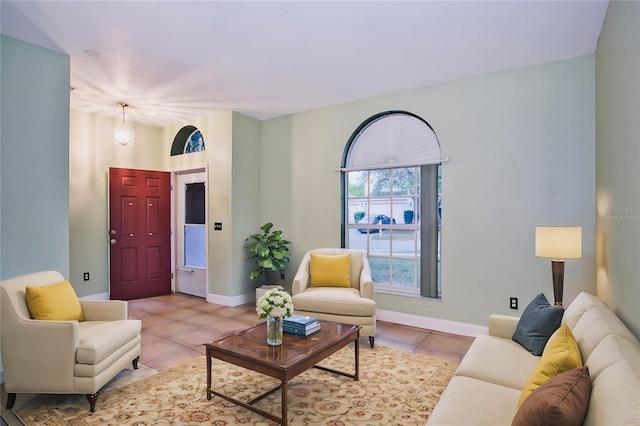 living room featuring light tile patterned floors