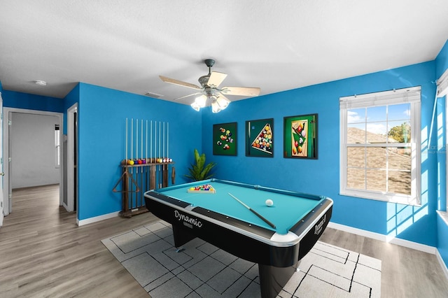 rec room featuring wood-type flooring, billiards, and ceiling fan