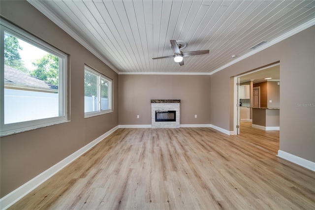 unfurnished living room featuring light hardwood / wood-style floors, crown molding, and wooden ceiling