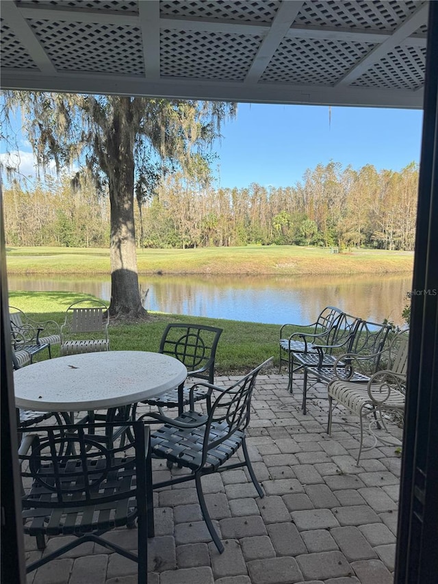 view of patio featuring a water view