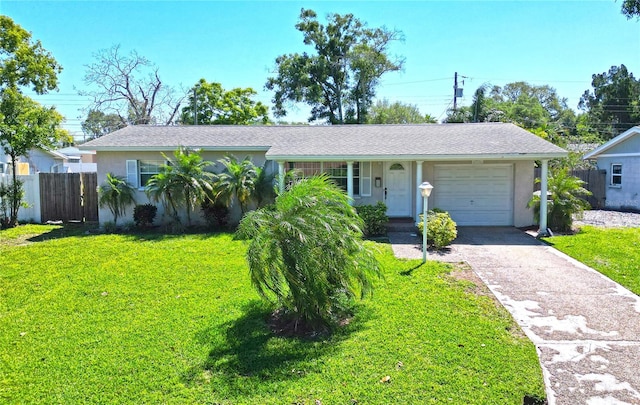 ranch-style home featuring a front lawn and a garage