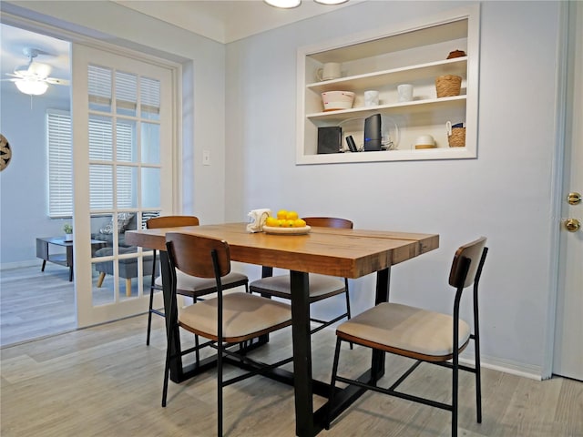 dining room featuring light wood-type flooring and ceiling fan