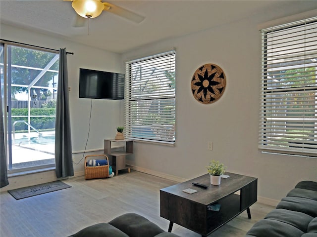 living room with light hardwood / wood-style floors, a healthy amount of sunlight, and ceiling fan