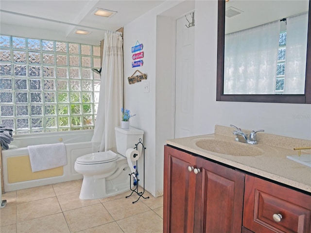 full bathroom featuring toilet, vanity, shower / bath combination with curtain, and tile patterned flooring