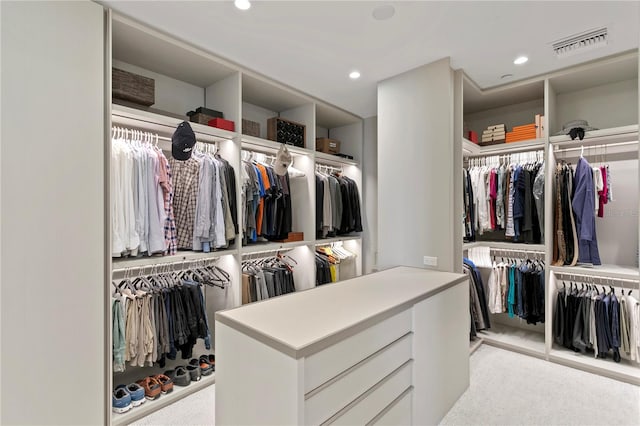 walk in closet with light colored carpet